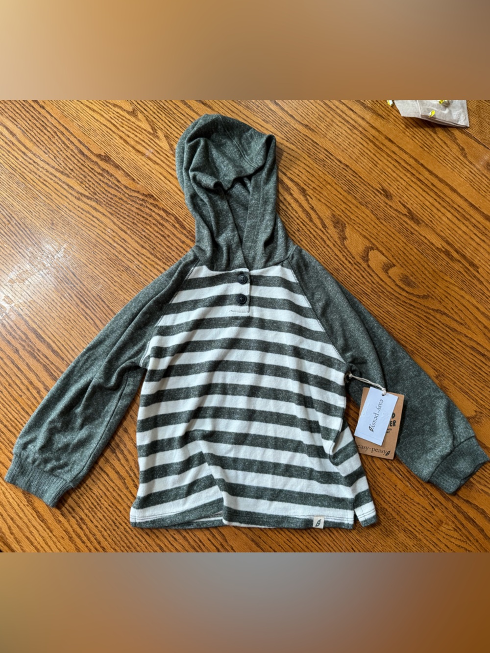 3t easy peasy toddler boy Striped Hooded Henley Pullover - Heather Green & White